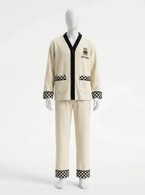 Pyjama polaire coton couple col v boutonné décontracté - Vue 1 - Pyjama polaire