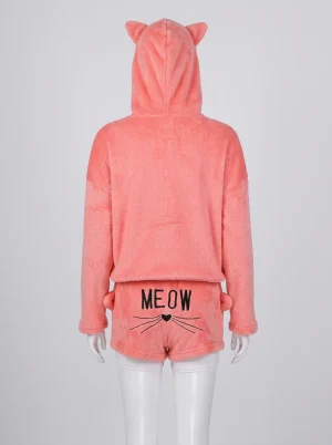 Pyjama polaire ensemble short capuche chat homewear décontracté - Vue 1 - Pyjama polaire