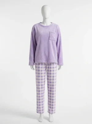 Pyjama polaire femme ensemble doux motif carreaux quotidien - Vue 1 - Pyjama polaire
