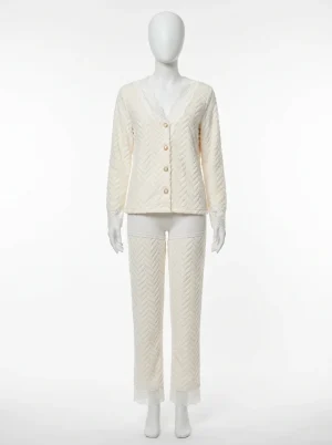 Pyjama polaire velours corail dentelle sophistiqué femme - Vue 1 - Pyjama polaire