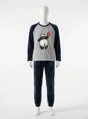 Pyjama polaire velours corail homme ensemble col rond imprimé - Vue 1 - Pyjama polaire